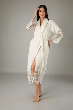Women's Cream Long Shawl Lace Bambo Cotton Bathrobe TYC00042094838 - Nuşa