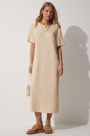 Women's Cream Loose Long Daily Summer Knitted Dress DZ00076 - Happiness İstanbul