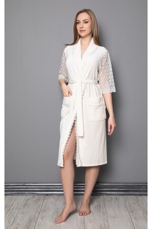 Women's Cream Shawl Collar Sleeves Lace Embroidery Bamboo Cotton Niki Velvet Dressing Gown - Nuşa