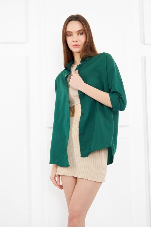 Women's Dark Green Oversize Long Basic Shirt - Brako Tekstil