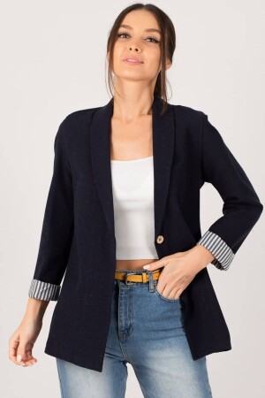 Women's Dark Navy Blue Striped Inside Sleeve Single Button Jacket ARM-22K001122 - Armonika