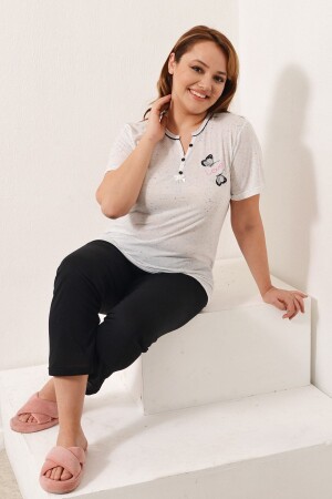 Women's Ecru Black Embroidered Short Sleeve Plus Size Pajama Set Pmtk25512 - Pinkmark