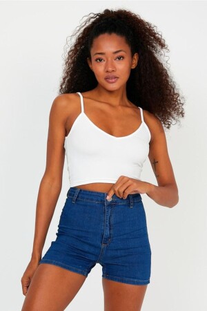 Women's Ecru Scuba Fabric Front Back V-Neck Rope Strap Crop Top - The Base