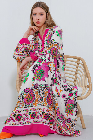 Women's Fuchsia Cream Patterned Viscose Hijab Dress 2423 - Bigdart