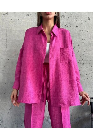 Women's Fuchsia Double Linen Shirt, Top and Bottom Set with Trousers - İkmal