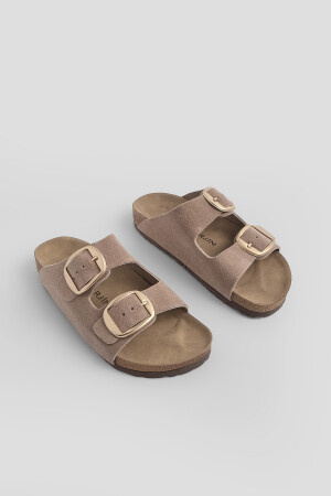 Women's Genuine Leather Daily Slippers Double Banded Slippers Eva Sole Poly Camel - Marjin