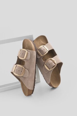 Women's Genuine Leather Daily Slippers Double Strap Slippers Eva Sole Poly beige - Marjin