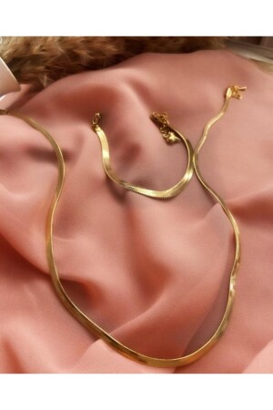 Women's Gold Plated Italian Flat Model Steel Necklace and Bracelet Set - Midyat Azra Telkari