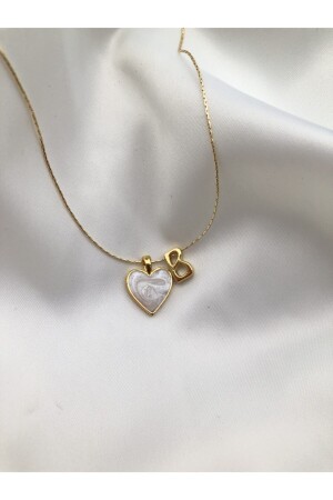 Women's Gold Plated Mother of Pearl Heart Letter B Necklace - Claritas Takı