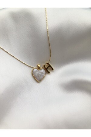 Women's Gold Plated Mother of Pearl Heart Letter H Necklace - Claritas Takı