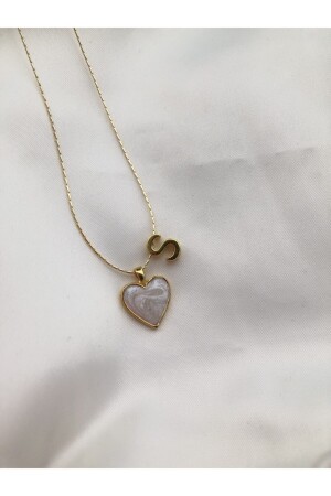 Women's Gold Plated Mother of Pearl Heart Letter S Necklace - Claritas Takı