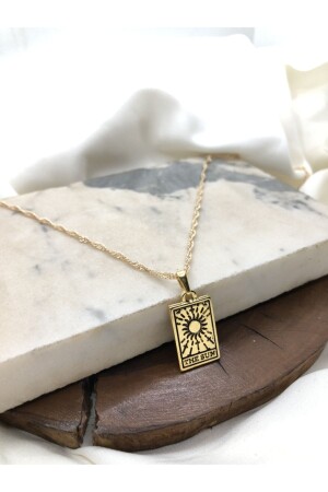 Women's Gold Plated Rectangular The Sun Tarot Card Necklace - Claritas Takı
