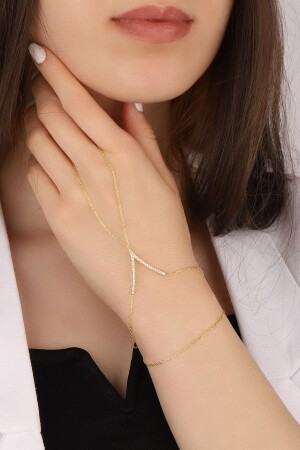 Women's Gold Plated Zircon Stone V Model 925 Sterling Silver Sahmeran - Lia Berto
