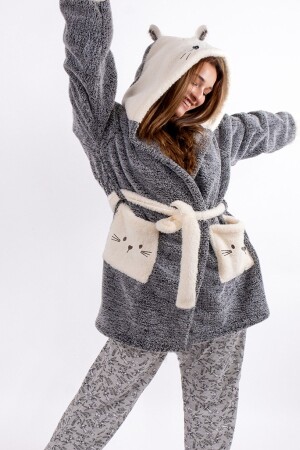 Women's Gray Embroidered Hooded Wellsoft Plush Dressing Gown - Mariva Home