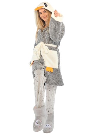 Women's Gray Penguin Embroidered Hooded Wellsoft Plush Dressing Gown - Zeynep Tekstil