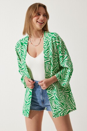 Women's Green Bone Patterned Viscose Kimono EN00615 - Happiness İstanbul