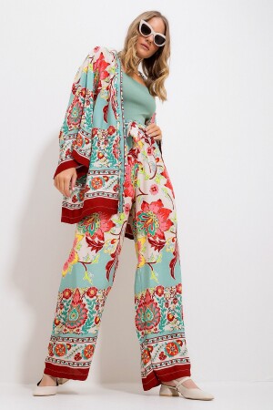 Women's Green Kimono Jacket and Palazzo Pants Set Alc-X11751 - Trend Alaçatı Stili