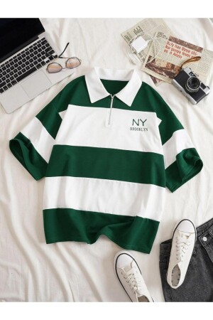 Women's Green Striped NY Printed Zippered Polo Neck Oversize T-shirt - Rascha