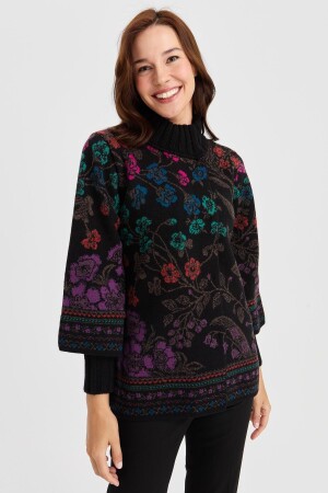 Women's High Collar Ivy Floral Wool Jacket Black - Desen Triko