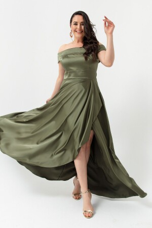 Women's Khaki Boat Neck Plus Size Satin Evening Dress & Graduation Dress - Lafaba