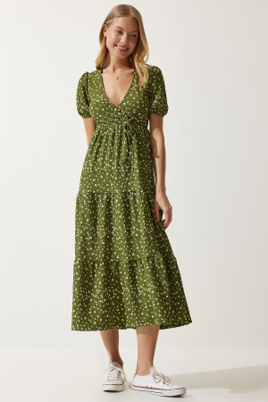 Women's Khaki Wrap Collar Patterned Summer Knitted Dress UB00267 - Happiness İstanbul