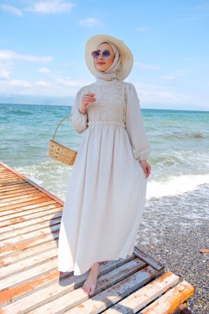 Women's Lace Front Lined Linen Hijab Dress Stone 101-6693 - LOCCO