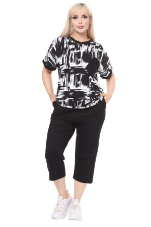 Women's Large Size Black Brush Pattern Short Sleeve Pocket Capri Suit - Melsay