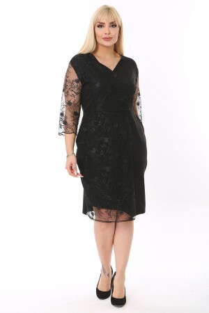 Women's Large Size Black Midi Length Evening Dress with Sleeves and Front Glittered Embroidery - 1Fazlası