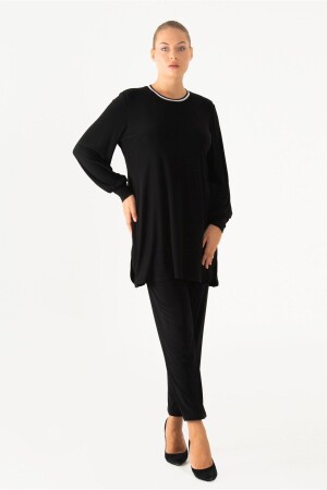 Women's Large Size Black Rib Detailed Sandy Suit - Flowist