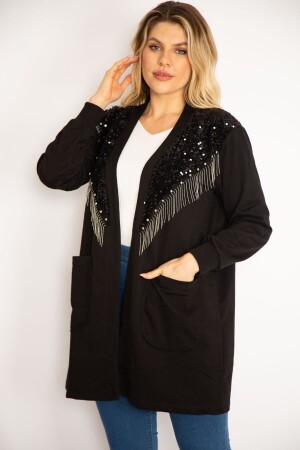 Women's Large Size Black Unlined Jacket with Sequins and Chain Accessories 65n35139 - Şans