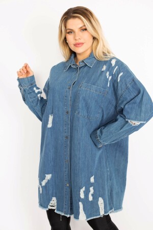 Women's Large Size Blue Ripped Detailed Loose Cut Oversize Denim Tunic Jacket 65n28046 - Şans