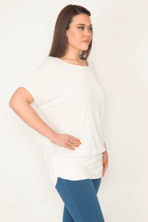 Women's Large Size Bone Crew Neck Banded Hem Low Sleeve Tunic 65n32563 - Şans