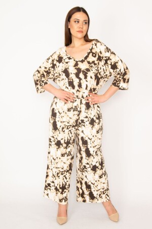 Women's Large Size Brown Batik Patterned Wide Leg Jumpsuit with Elastic Waist and Pocket Detail 65n32913 - Şans