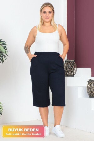 Women's Large Size Elastic Waist Comfort Model Pocket Comfortable Fit Lycra Cotton Wide Leg Capri - Tarzımsüper