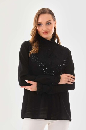 Women's Large Size Embroidered Lace Garnished Crepe Shirt G0041 - Loom Boutique