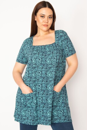 Women's Large Size Green Tunic with Elastic Collar and Pocket Detail 65n32938 - Şans