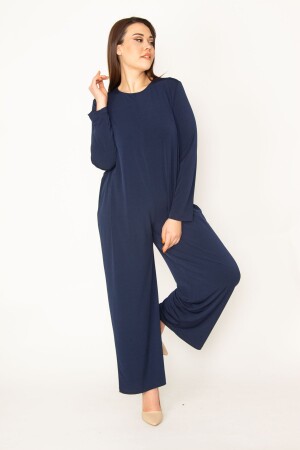Women's Large Size Navy Blue Back Hidden Zipper Wide Leg Jumpsuit 65n32512 - Şans