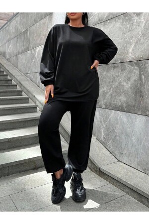 Women's Large Size Plain Black Two Thread Pocket Long Sleeve Tracksuit Set - Modasehle