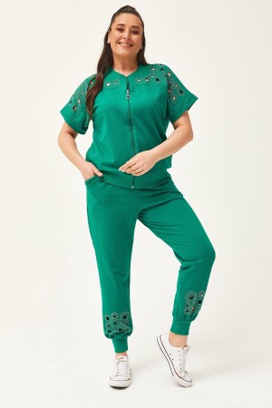 Women's Large Size Transparent Cut Stone Printed Summer Short Sleeve Green Tracksuit Set - Ebsumu