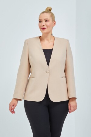 Women's Large Size V-Neck Single Button Stone Color Jacket - Fagi