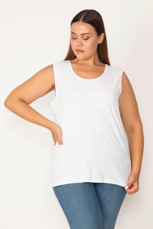 Women's Large Size White Cotton Fabric Crew Neck Sleeveless Blouse 65n27624 - Şans