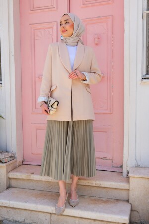 Women's Leather Look Elastic Waist Long Pleated Skirt Water Green - Locco