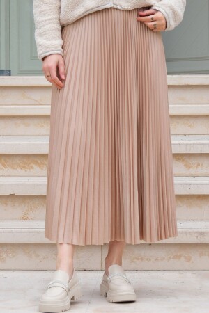 Women's Leather Look Long Pleated Skirt with Elastic Waist Mink - Locco