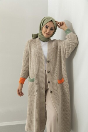Women's Long Knitwear Cardigan with Pocket Color Detail - Stone S20 - Genel Markalar