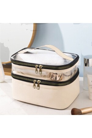 Women's Makeup Bag Beige Leather Transparent Practical Stylish Double Compartment Zippered Travel Makeup Bag - Arnee