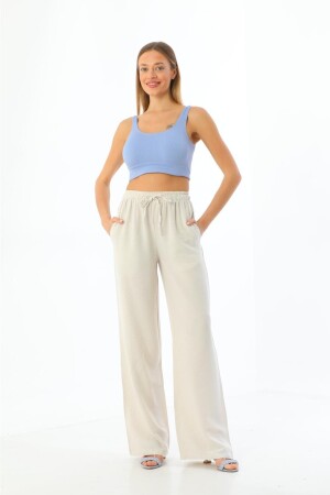 Women's Natural Beige Elastic Waist Pocket Linen Trousers - Lin Collection