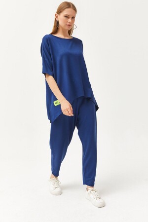 Women's Navy Blue Asymmetric Blouse Soft Textured Bottom Top Crystal Suit TKM-19000269 - Olalook