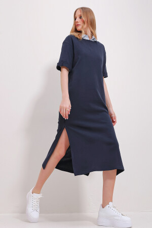 Women's Navy Blue Crew Neck Double Sleeve Slit Dress ALC-X11485 - Trend Alaçatı Stili