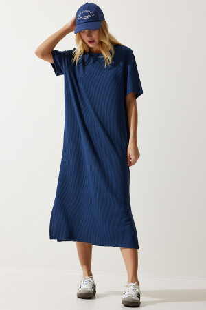 Women's Navy Blue Crew Neck Knitted Ribbed Dress DZ00111 - Happiness İstanbul