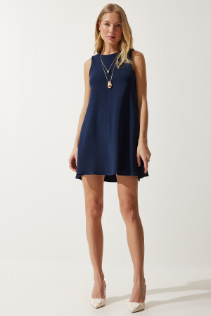 Women's Navy Blue Crew Neck Summer Woven Bell Dress RV00160 - Happiness İstanbul
